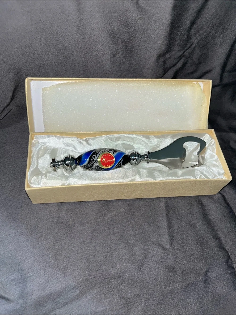 Murano Italy Art Glass Bottle Opener Blue Aventurine Hand Blown‎ w/ Box